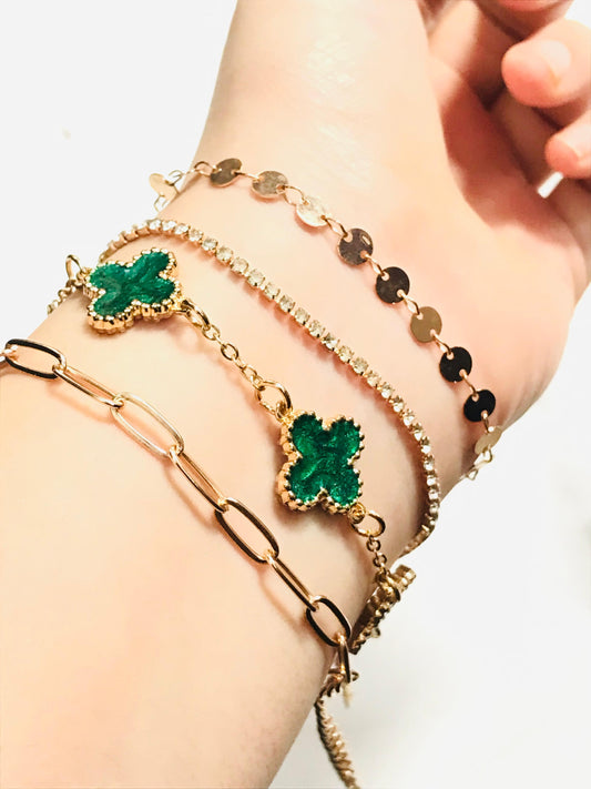Set of 4 Delicate bracelets Emerald/Bronze-gold