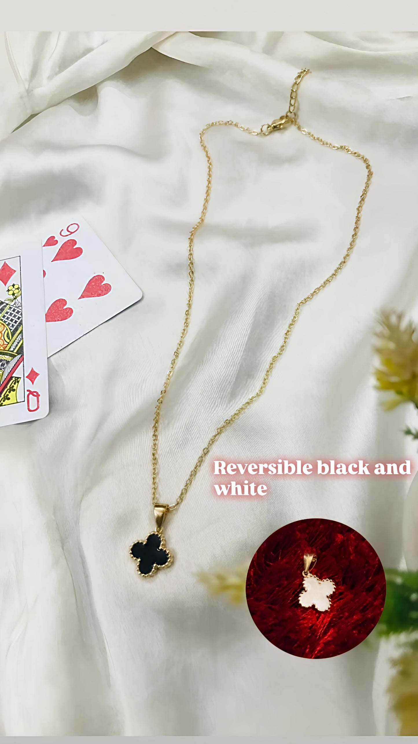 Elegant Reversible Clover Pendant Necklace – Black & White